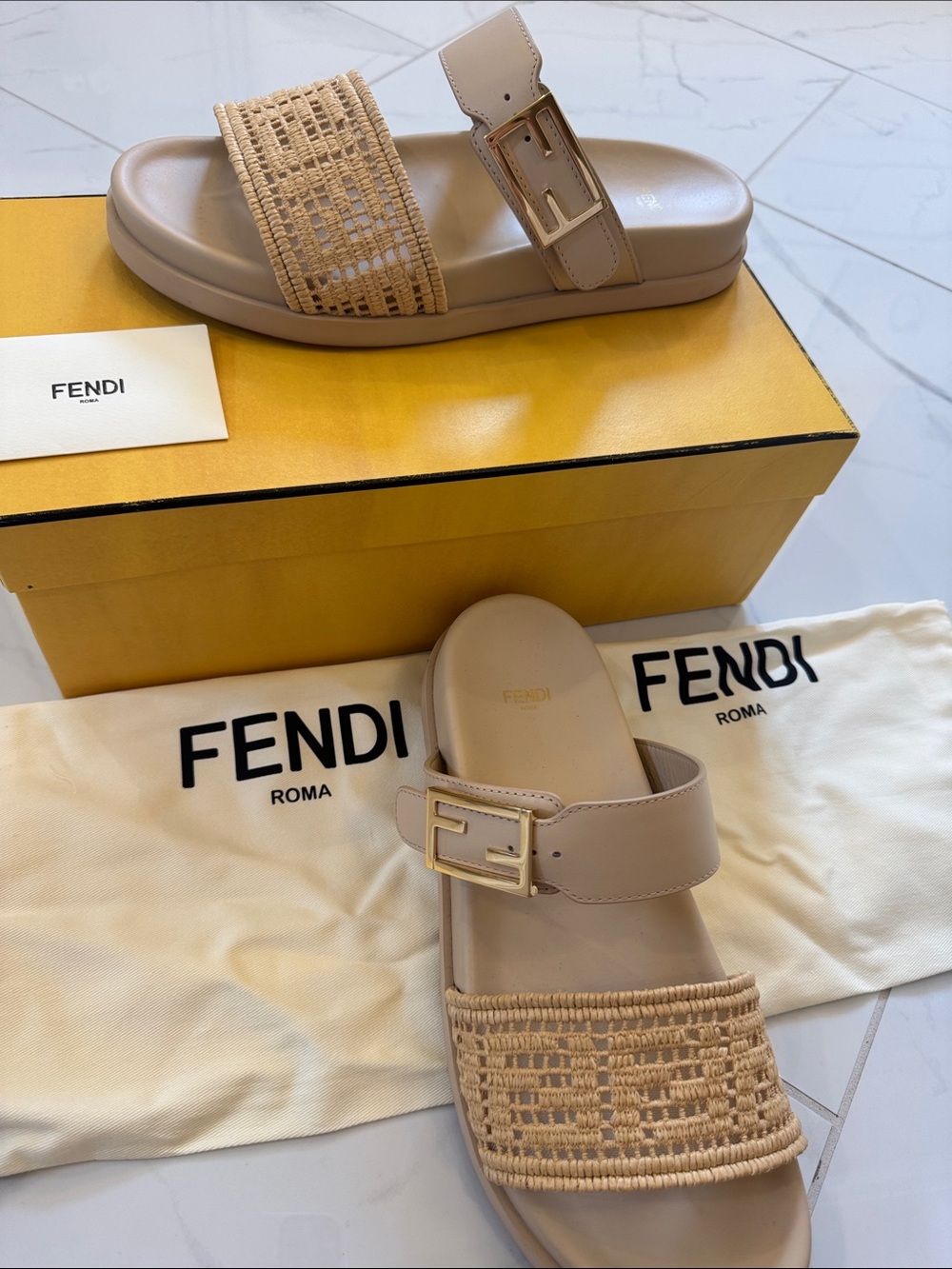 Fendi Beige Raffia and Leather Slide Sandals with Gold Buckle